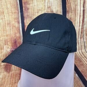 Nike Club Cap Hat M/L Black Dri-Fit Adjustable White Swoosh Logo Run Snapback